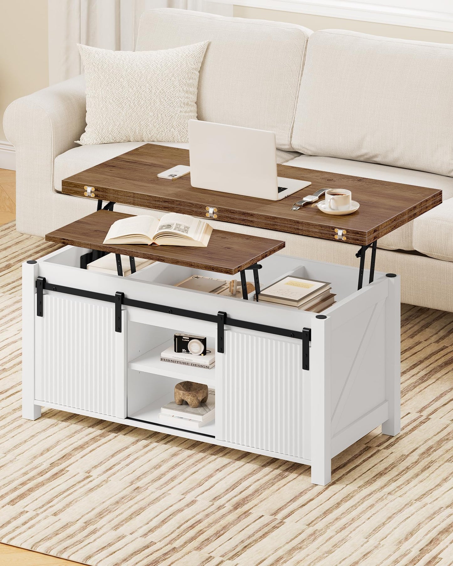 CHOEZON Coffee Table Lift Top, 4 in 1 Convertible Coffee Table, Farmhouse Coffee Tables, with Hidden Compartments, with Sliding Doors, for Living Room, Apartment, White and Walnut MKF01WL