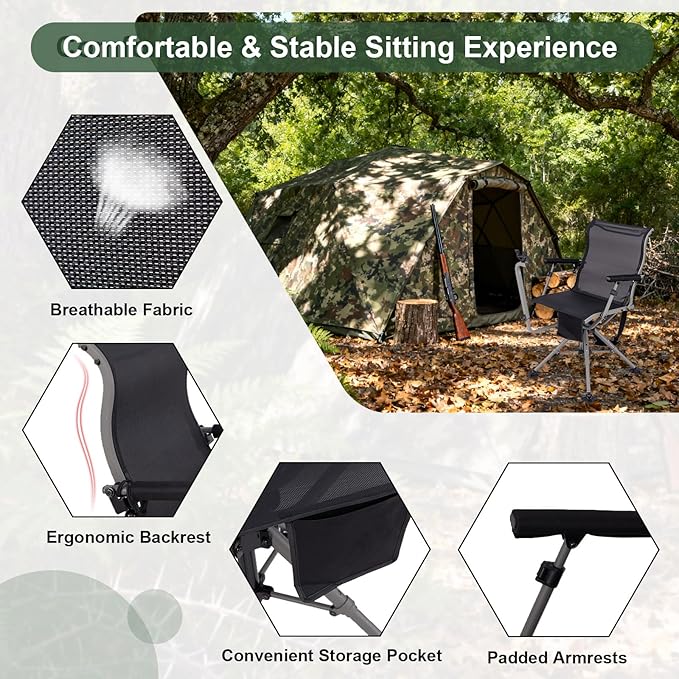 GYMAX Hunting Chair with Gun Rest, 360° Swivel Hunting Blind Chair w/Adjustable Height & Armrest, All-Terrain Duck Feet, Shoulder Strap, 330 LBS Folding Outdoor Ground Blind Seat