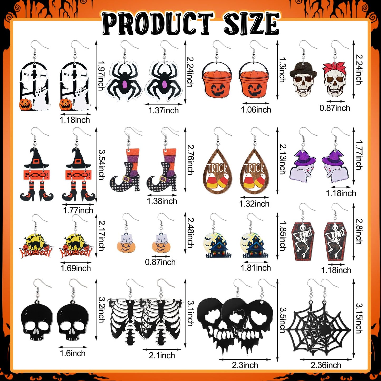 Nosiny 36 Pairs Halloween Earrings Lightweight Dangle Acrylic Earring Skeleton Ghost Pumpkin Boot Hat Earrings for Halloween Party Jewelry Gifts(Classic)