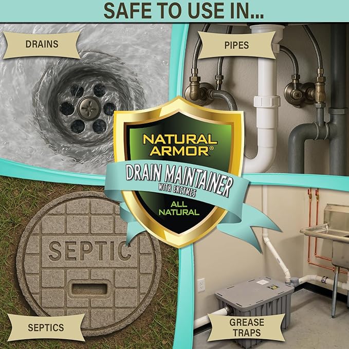 Natural Armor Enzyme Drain Maintainer - Quart Drain Cleaner with Natural Enzyme Power to Prevent Buildup & Odors - Safe for Sinks, Showers, Grease Traps & Septic - Non-Toxic Formula, 2.5 Gallon Case