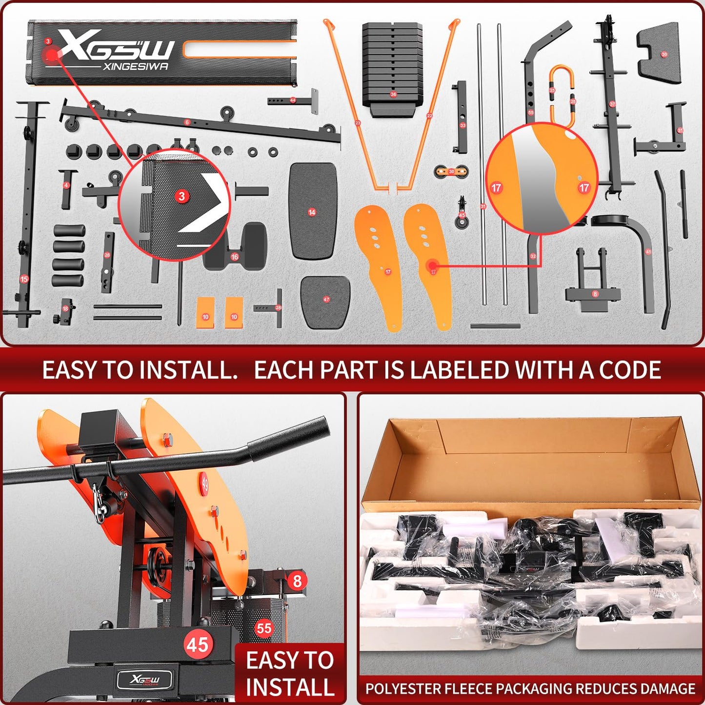 XGSW Multi-Function Home Gym Workout Station, Featuring a Pulley System, arm Trainer, and Leg Trainer for Full-Body Workouts. (L03-1 Single-Person Fitness Station)