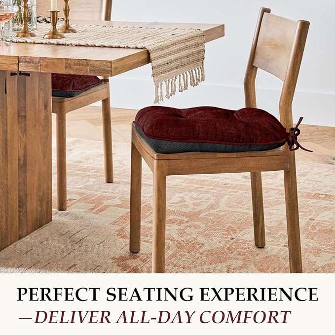 HARBOREST Chair Cushions for Dining Chairs Set of 2 - Chenille Tufted Kitchen Chair Cushions with Ties and Non-Slip Bottom, Foam Chair Pads for Dining Chairs, 17" x 17", Burgundy