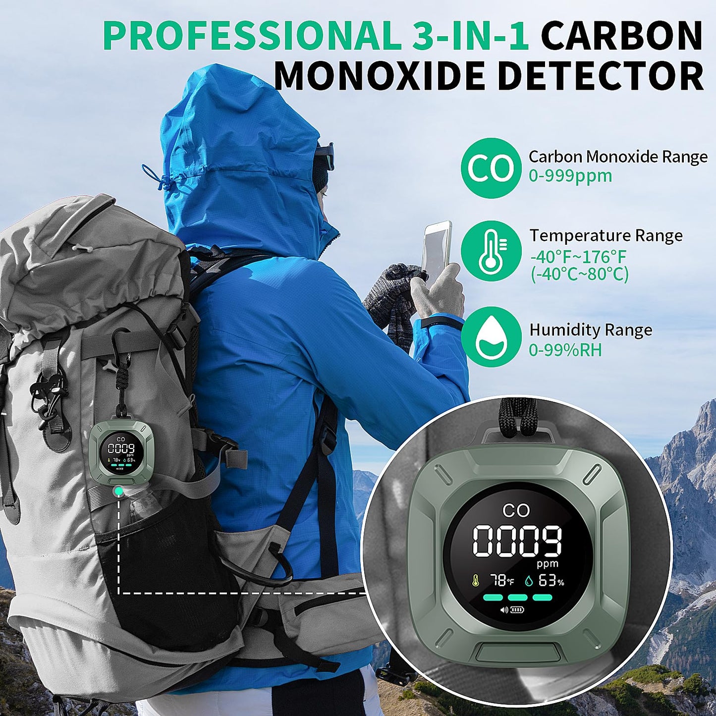 Carbon Monoxide Detectors, 3-in-1 CO Detector Portable Carbon Monoxide Detector with Magnetic Suction, Travel Carbon Monoxide Detector with Temp and humi Sensor, Rechargeable Battery for 480H Standby