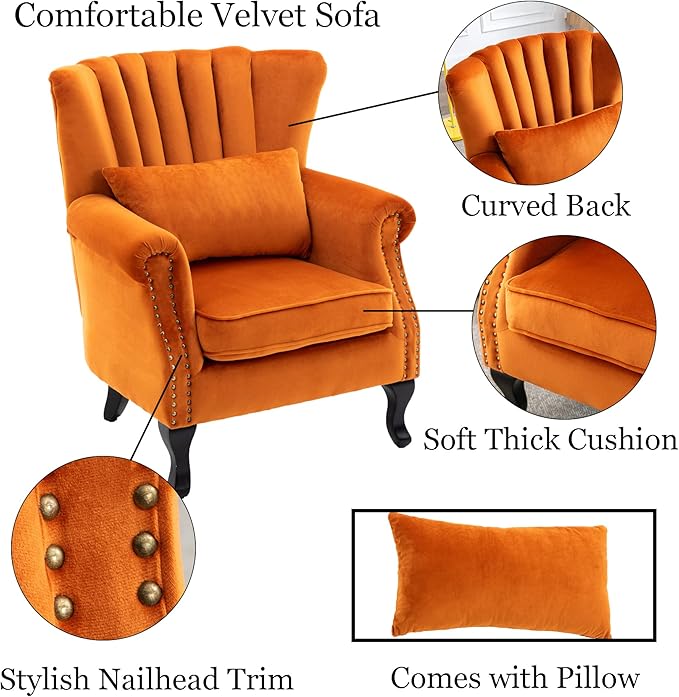 DM Furniture Mid Century Accent Chair Modern Tufted Wingback Armchairs Club Chair Velvet Single Sofa Lounge Chair with Pillow for Living Room, Orange