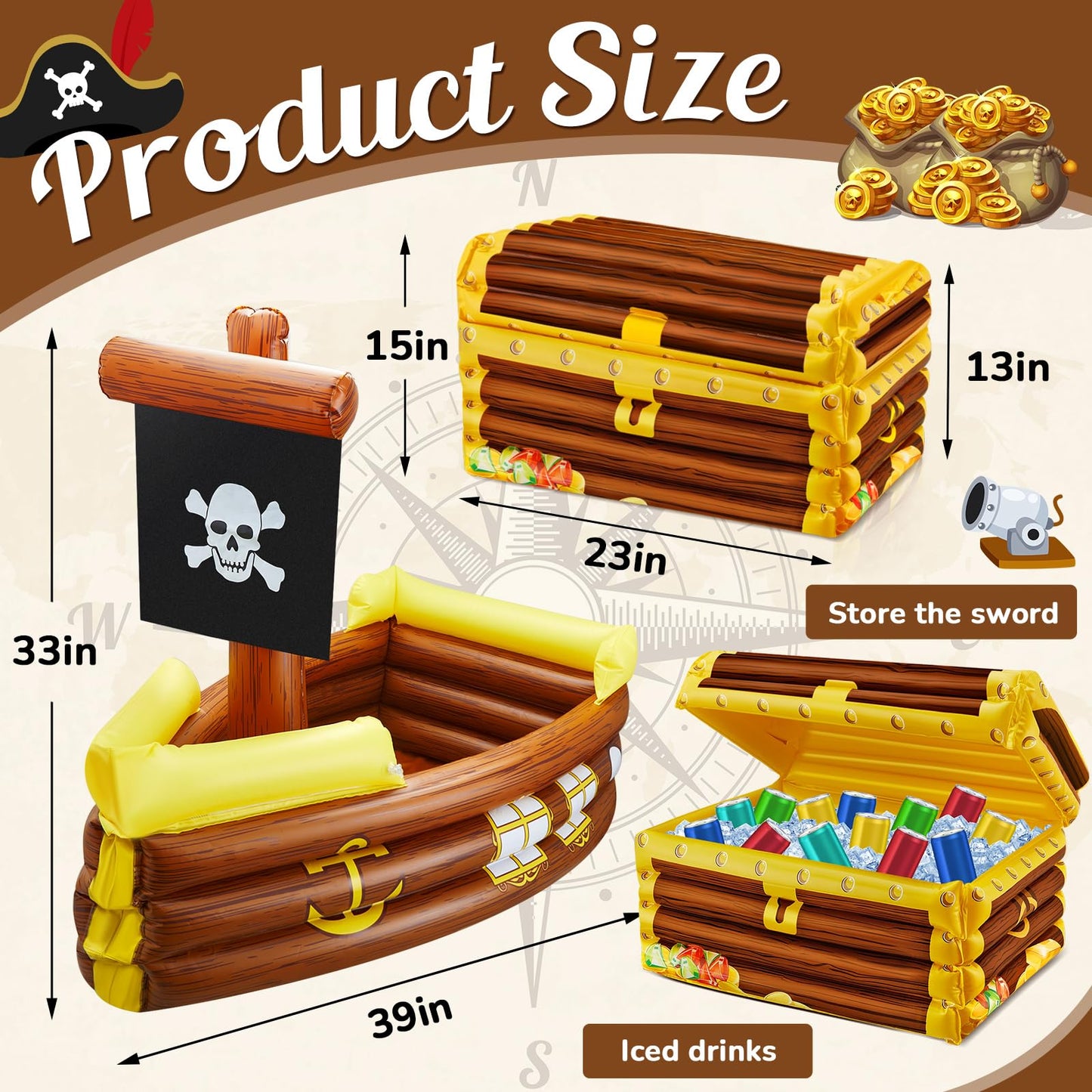 Cunhill 14 Pcs Pirate Party Set Birthday Pirate Party Decoration 1 Pc Funny Inflatable Pirate Ship Drink Cooler 1Pc Blow up Treasure Chest 12 Pcs Kid Sword for Supplies Beverage Serving Container Pool