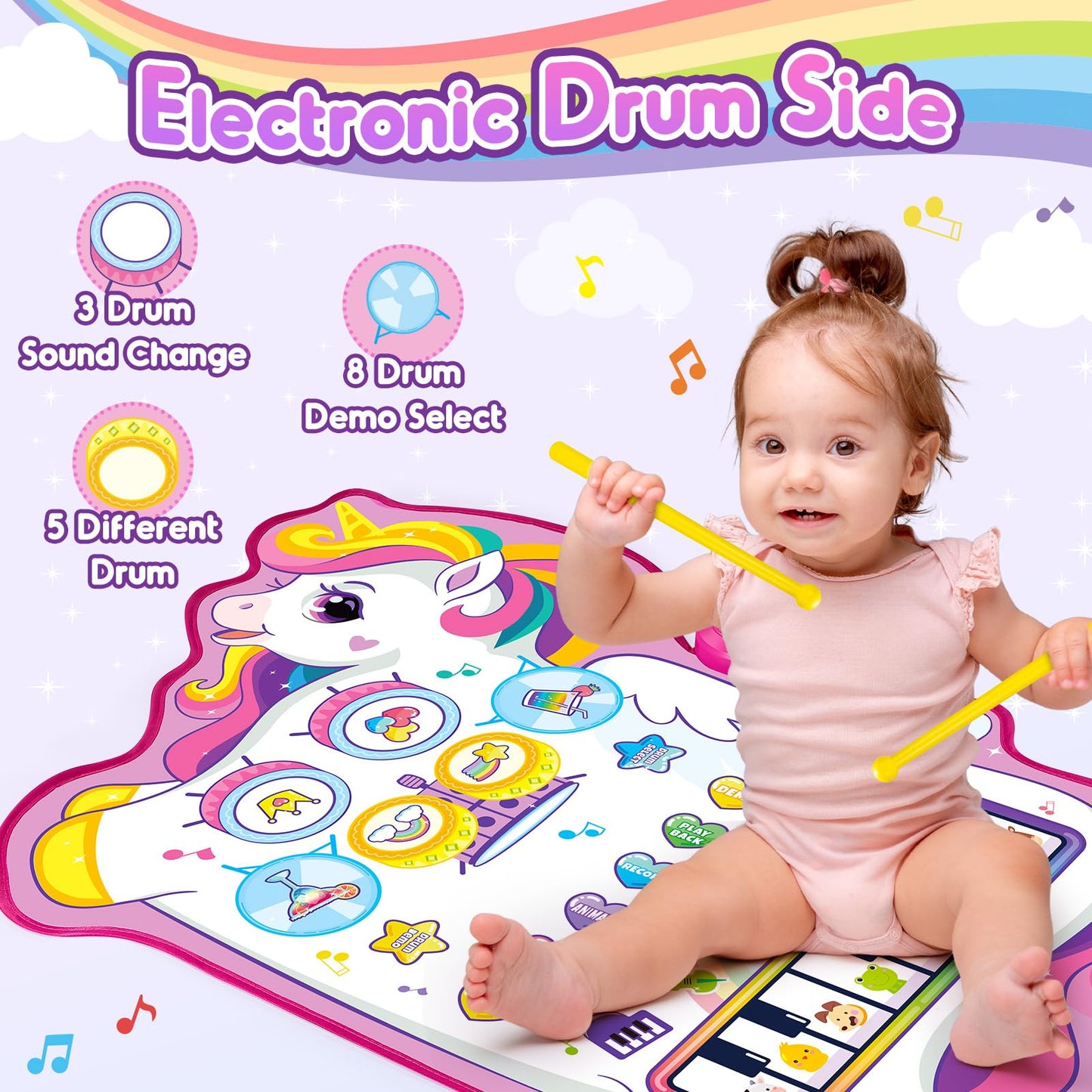Unicorn Musical Mat for 1 2 3 Year Old Girls, 3 in 1 Piano Drum Mat Unicorn Gifts for 1-3 Year Old Girls, Toddler Toys 1st Birthday Presents for Kids Early Educational Music Toys