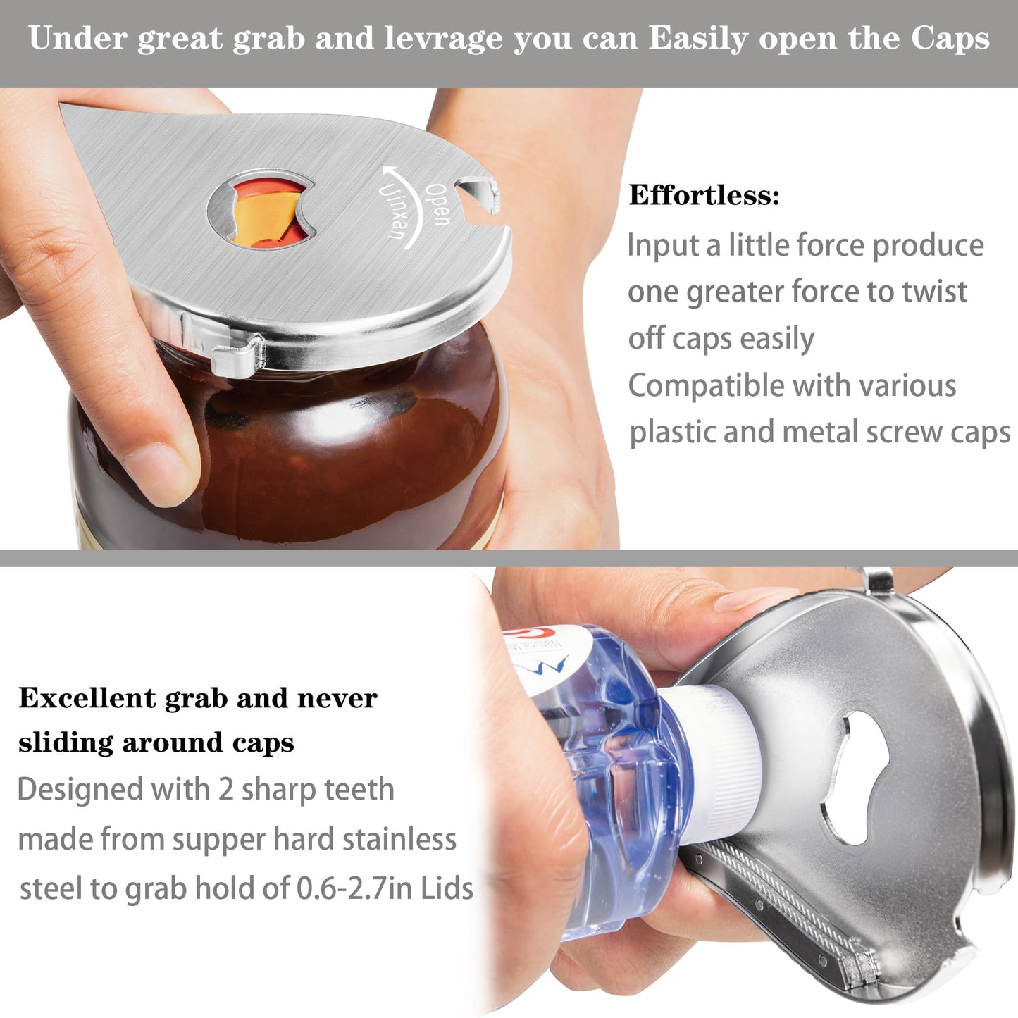 Uinxan Jar Bottle Can Opener for Weak Hands & Arthritis - Effortless Twist Off Lids (0.6"-2.7") & Pull Tab Seals | Premium 304 Stainless Steel, Patented | Portable Senior-Friendly Kitchen Gadget