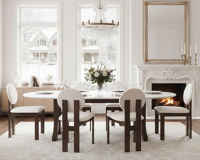 Modern Wood Dining Chairs Set of 2, Farmhouse White Boucle Kitchen Chairs with Round Back and Wooden Walnut Legs, Mid-Century Armless Upholstered Accent Chairs for Dining Room/Living Room/Restaurant