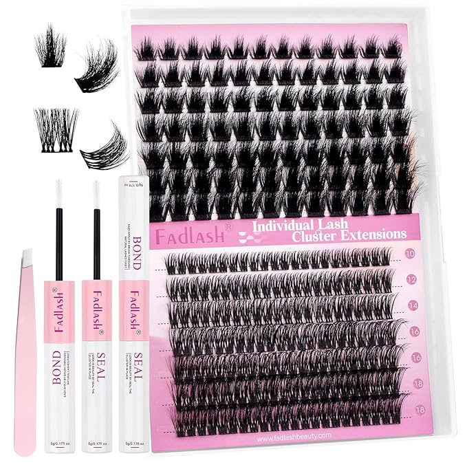 FADLASH Lash Extension Kit Lash Clusters Kit 10-18mm Eyelash Cluster Lashes with Lash Bond and Seal Lash Tweezers DIY at Home (KLS242+CLS015-07D-10-18 Kit)