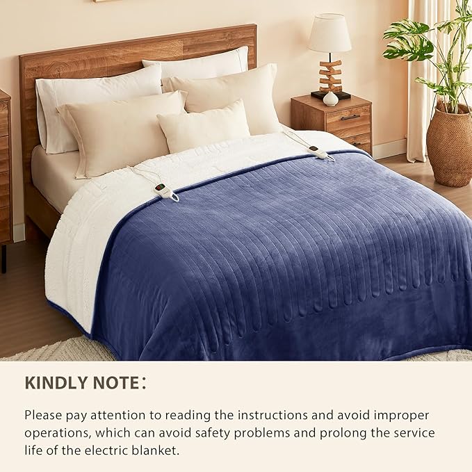 Homemate Electric Heated Blanket Full - 72"x84" Heating Bed Blankets Throw with 10 Heating Levels 8 Hours Auto Off Fast Heating Over-Heated Protection Ultra Soft Warm Flannel ETL Certified Navy Blue