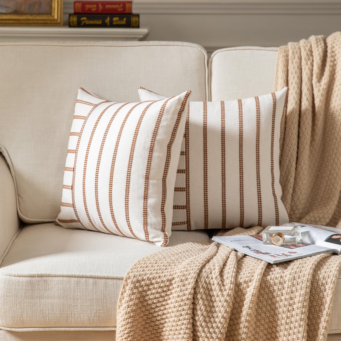 Boho Throw Pillow Covers 18x18 Set of 2 Soft Farmhouse Decorative Couch Pillow Cases Brown Striped Pillow Covers Neutral Cushion Covers for Sofa Bed Living Room Home Decor