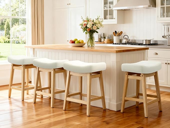 RNKSFX Counter Height Bar Stools Set of 2 for Kitchen Counter Backless Farmhouse Kitchen Island Barstools with Upholstered Faux Leather Saddle Seat and Solid Wood Legs Modern 24 inch Bar Chairs, White