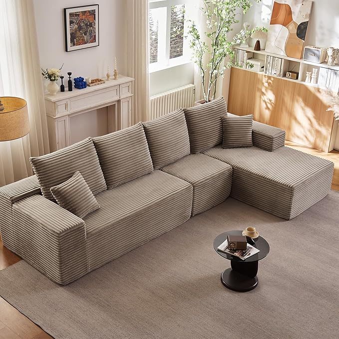135.4" Cloud Sectional Couch with L-Shape Chaise, Modern Corduroy Boneless Couch for Living Room,Memory Foam Sofa with Deep Seat,No Assembly Required (Camel,Right-Facing Chaise)