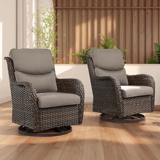 Rilyson Wicker Rocking Chair Swivel Chairs - Rocker Patio Chairs Set of 2 Rattan Rocking Chair for Outdoor Porch Deck Garden Backyard (Brown/Grey/Smile)
