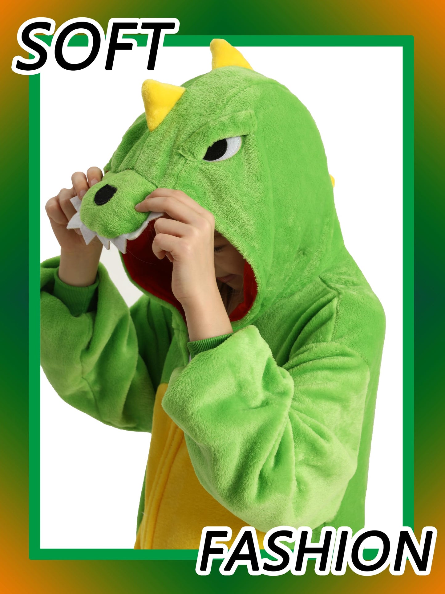 LONULAIN Unisex Kids Animal Oneise Pajamas, Boys Girls Flannel Hooded Halloween Cosplay Costume/Homewear/Sleepwear (Dinosaur,13-14 Years)