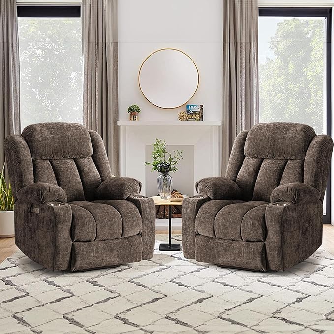 ABCASA Large Power Lift Chairs Recliners for Elderly with Heat & Massage, Upgraded Chenille Recliners, USB-A & C, Cup Holder, Side Pocket, Brown