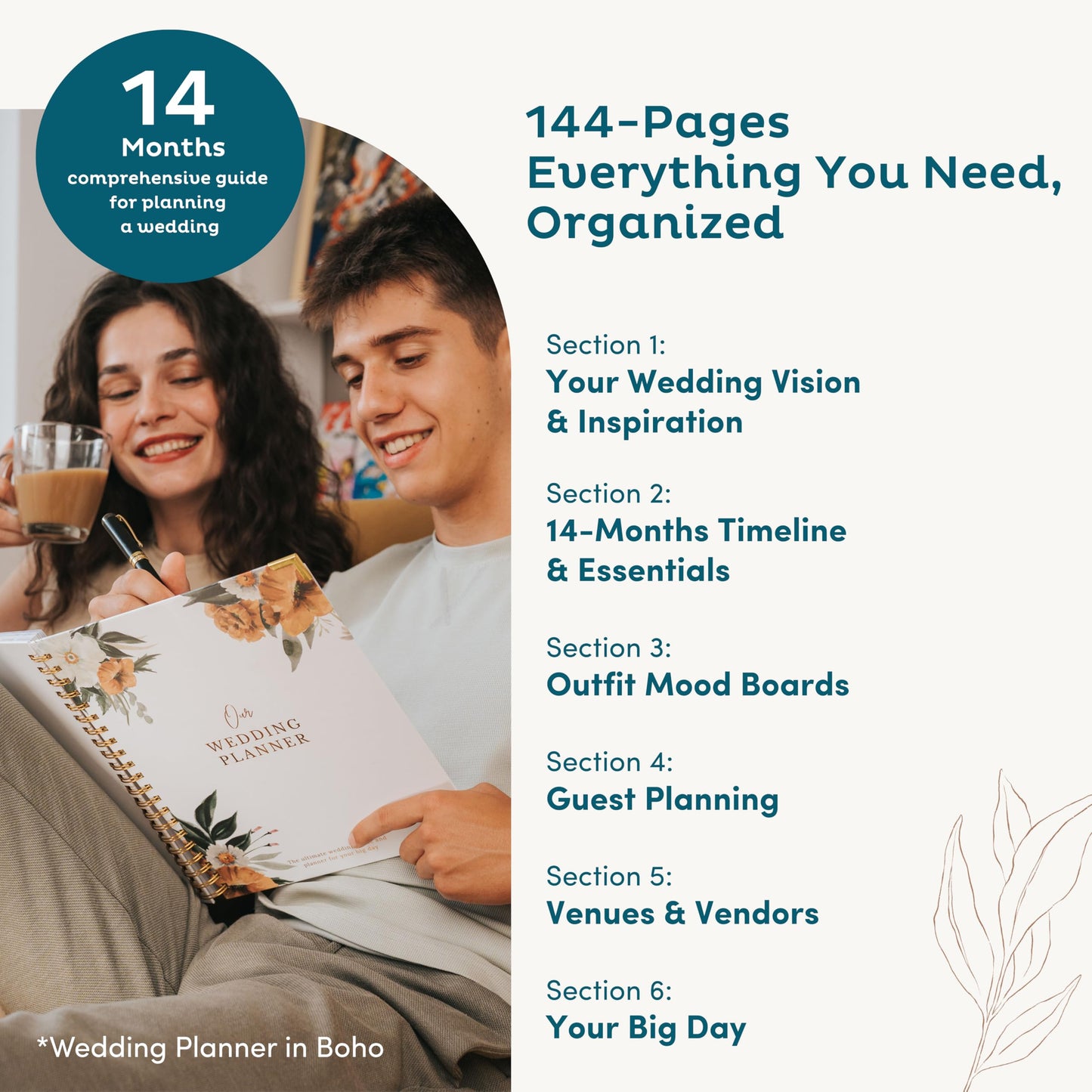 Nook Theory Comprehensive Wedding Planner Book and Organizer – Keepsake & Countdown Binder, Perfect Engagement Gift for Couples and Brides (Boho)