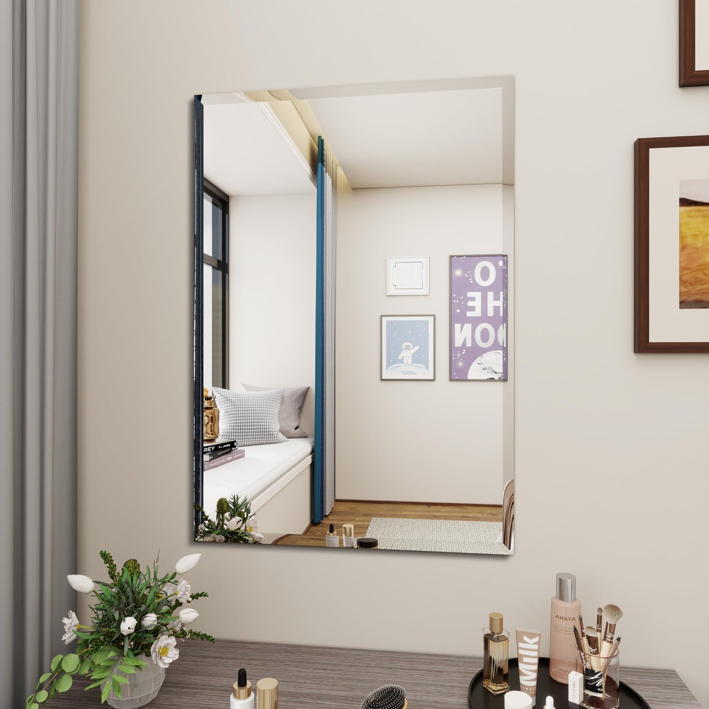 Rectangular Beveled Bathroom Mirrors, 36X48 inch Square Frameless Mirror, Rectangular Frameless Bathroom Mirror,Beveled Bathroom Mirror。