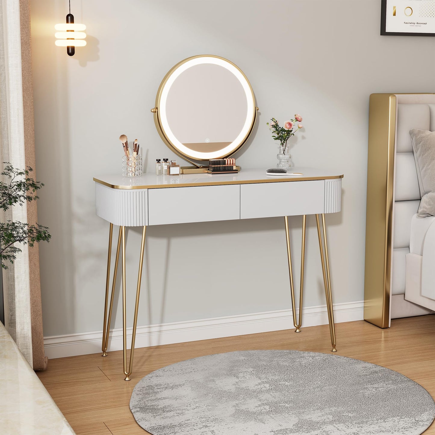 KDCAS Modern Vanity Desk with Mirror and Lights, 39" White and Gold Makeup Vanity Table with 2 Storage Drawers, Stylish Gold Dressing Table for Small Spaces & Bedroom