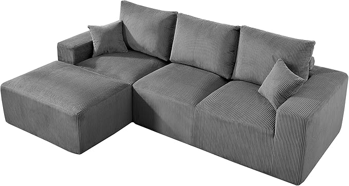108" Modular Sectional Sofa, Compression Sofa with Deep Seat, Modular L-Shape Couch with Chaise, Upholstered Couches for Living Room Bedroom, No Assembly Required (Grey Corduroy, 108" L Shape)