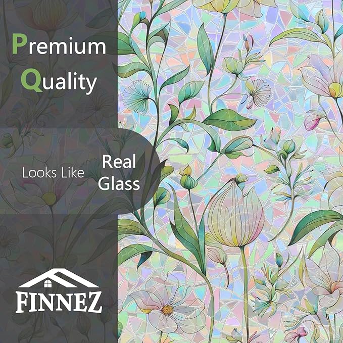 FINNEZ Window Privacy Film Stain Glass Film Flowers Rainbow Window Film Window Clings Non-Adhesive Reusable Decorative for Home(Forest Rainbow,35.4 Inch x 6.5 Feet)