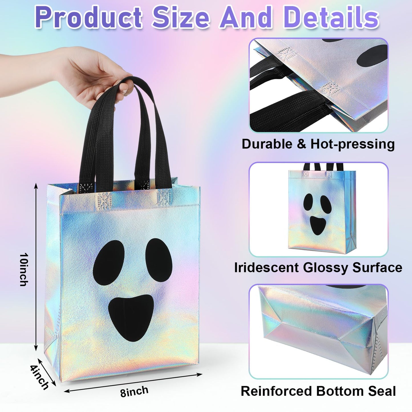 Paterr 24 Pcs Iridescent Halloween Trick or Treat Bags Holographic Ghost Candy Goodie Tote Reusable Non-woven Gift Bags for Summer Halloween Party Supplies Favors, 8''x4''x10''