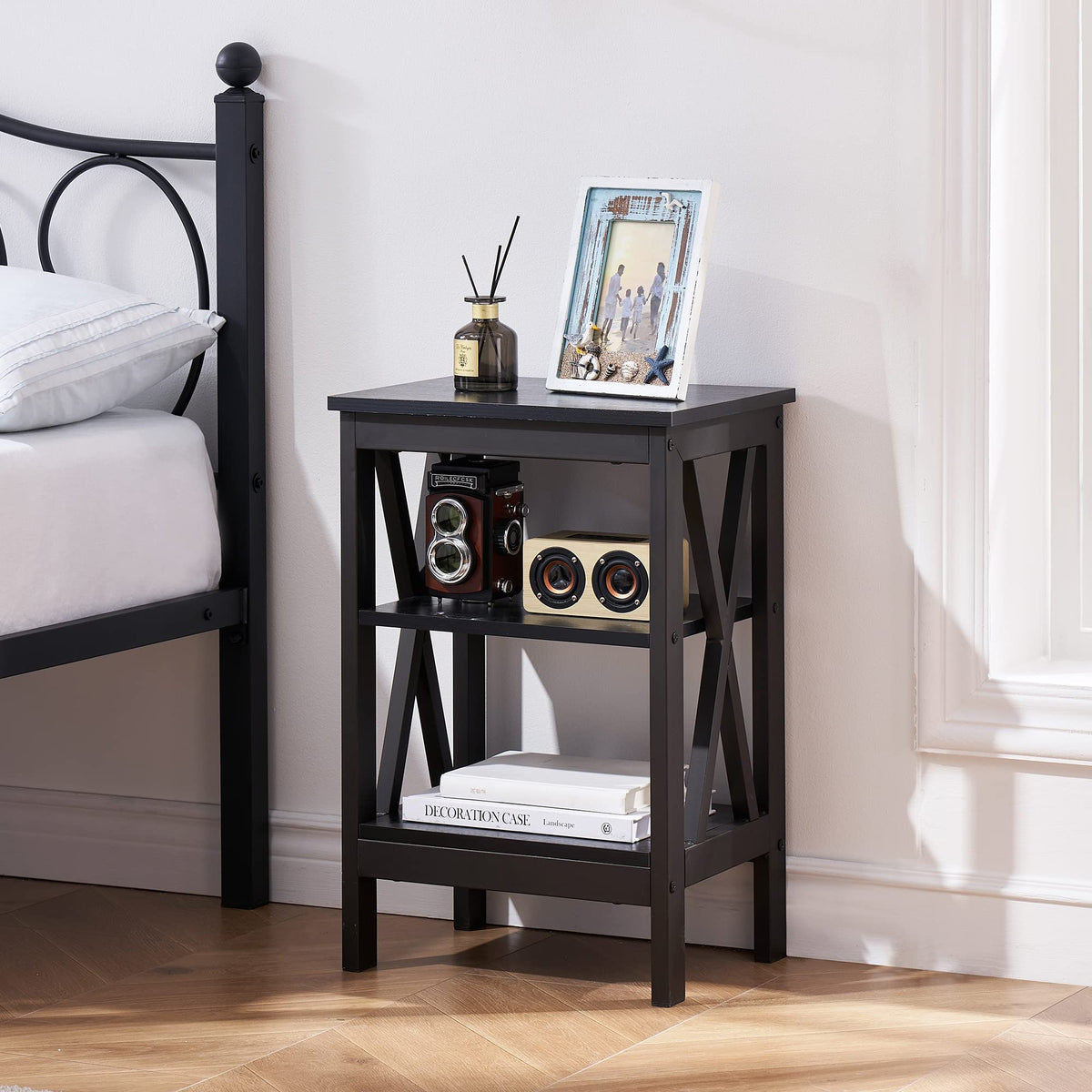 VECELO Modern Nightstands X-Design Side End Table Night Stand with Storage Shelf for Bedroom,Living Room,Set of 2 (Black A2)