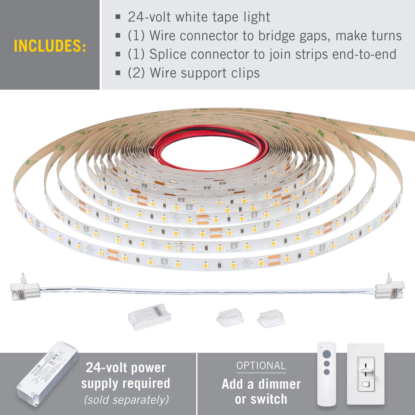 Armacost Lighting RibbonFlex Pro 24V White LED Strip Lights 30 LED/m, 3000K, 65.6 ft 144260