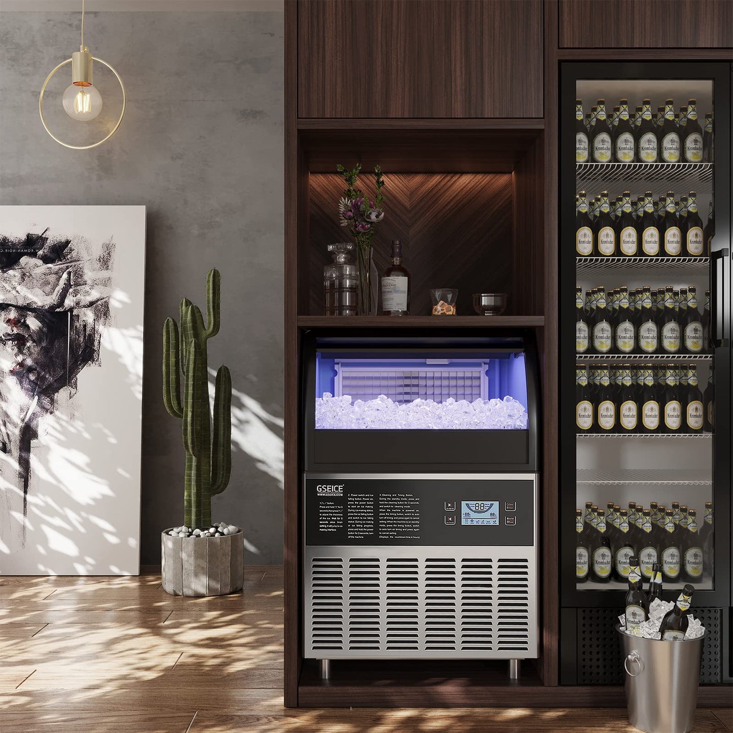 Commercial Ice Maker Machine - 300LBS/24H Under Counter Ice Machine with 70LBS Storage Bin, 90 Ice Cubes in 11Min, Stainless Steel Freestanding Ice Making Machine for Home Bar Outdoor