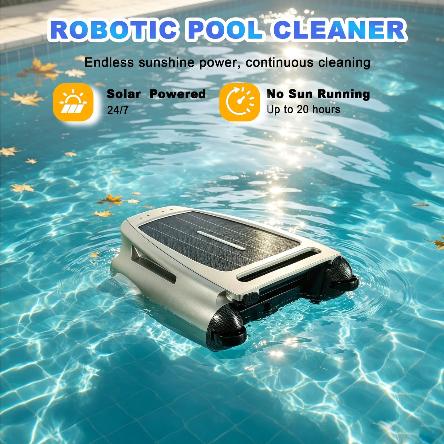 Uoark Solar Powered Robotic Pool Skimmer, Automatic Pool Surface Cleaner Robot with App Control,24/7 Continuous Cleaning, Dual Charging, Ideal for Above Ground & In-Ground Pools (Silvery