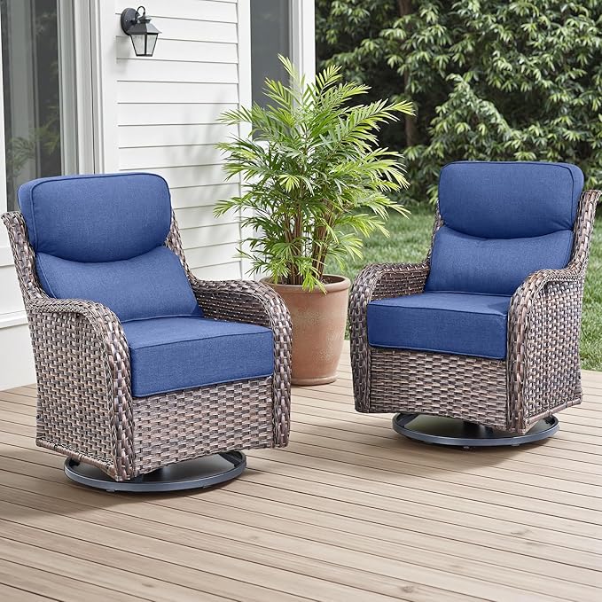 Rilyson Outdoor Swivel Rocker Chairs - All Weather Resistant Wicker Patio Furniture Set of 2 with High Back and 6 inch Thick Cushions for Deck Porch Yard and Poolside, Brown/Blue