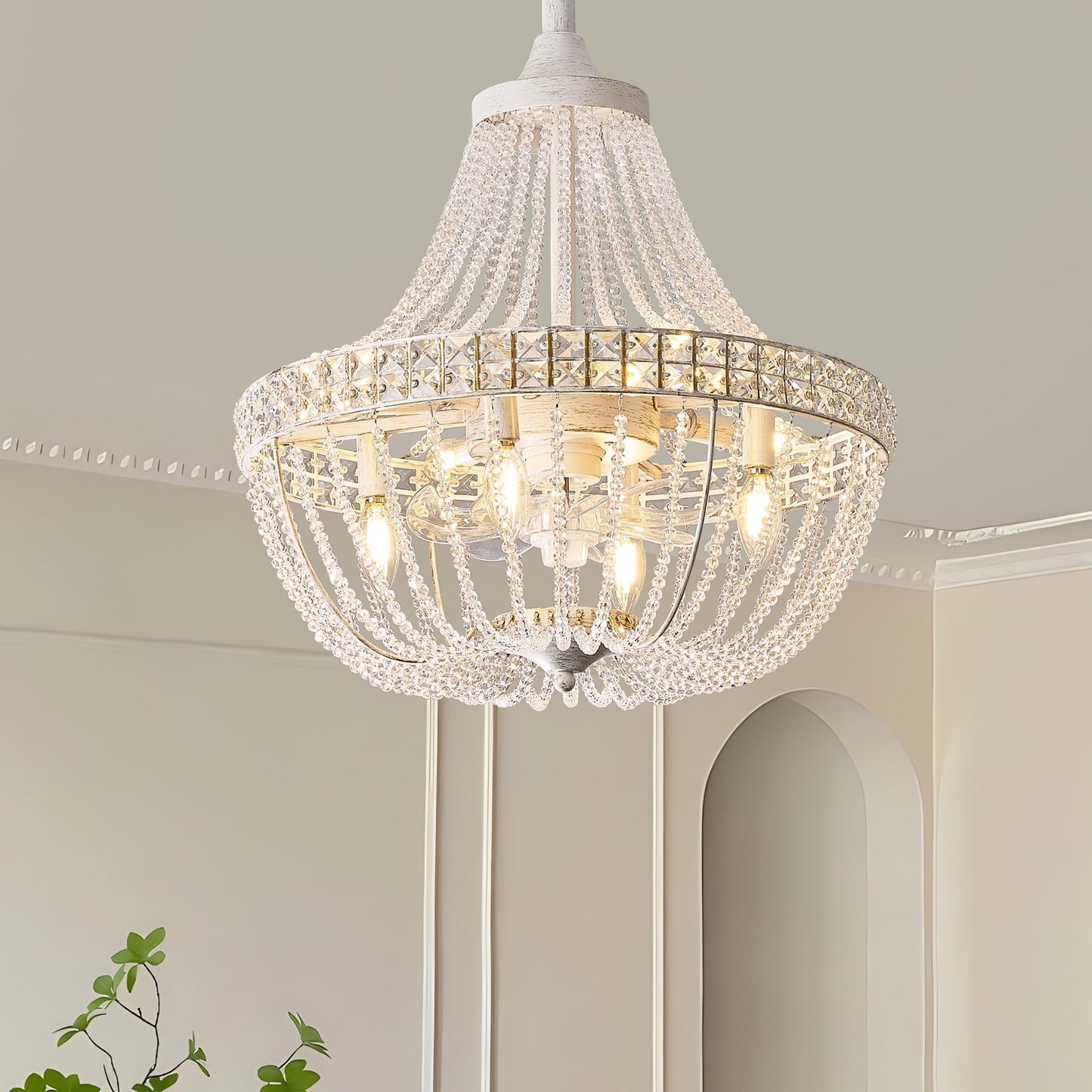 LVYEAYOU 20“ Modern Crystal Chandelier Ceiling Fan with Lights, Remote & App Control, 6 Speed, 8-Lights French Empire Fandelier, for Bedroom, Dining Room (Retro White)