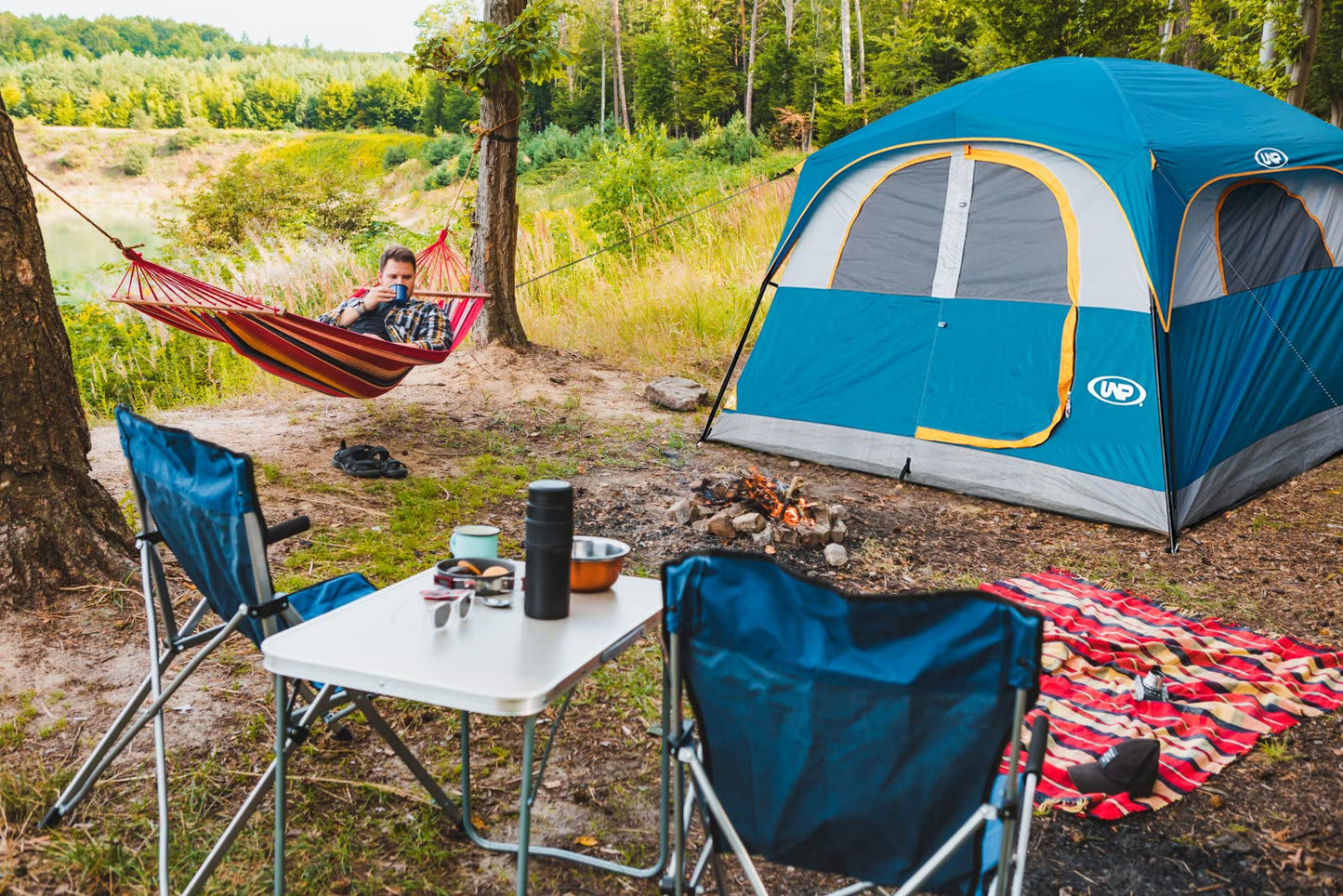 UNP Tents for Camping 6 Person Waterproof Windproof Easy Setup, Double Layer Cabin Tent with 1 Mesh Door & 5 Large Mesh Windows - 10'x9'x78in(H) Blue