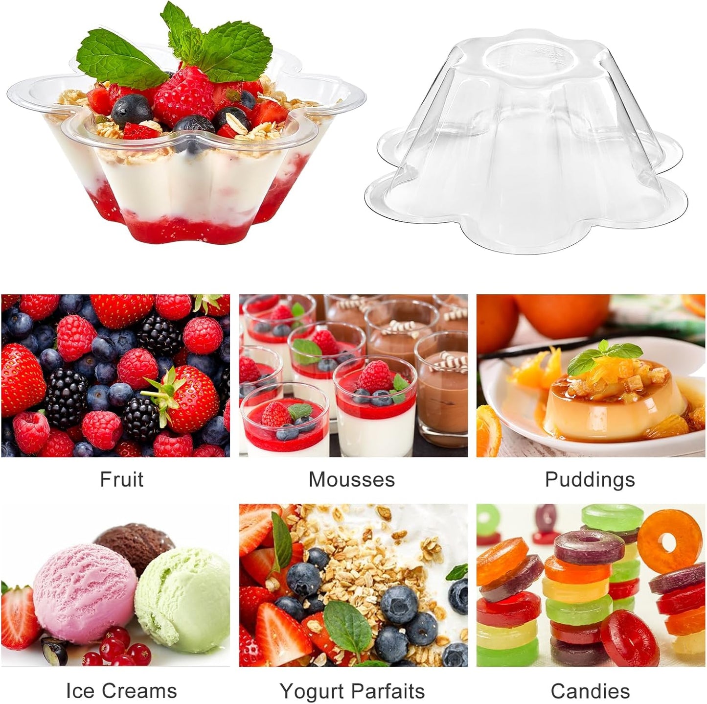 Qeirudu 8 oz Dessert Cups with Spoons, 100 Pack Flower Shaped Ice Cream Bowls Plastic Party Serving Bowls for Sundae, Parfait, Fruit, Snack, Acai Bowls