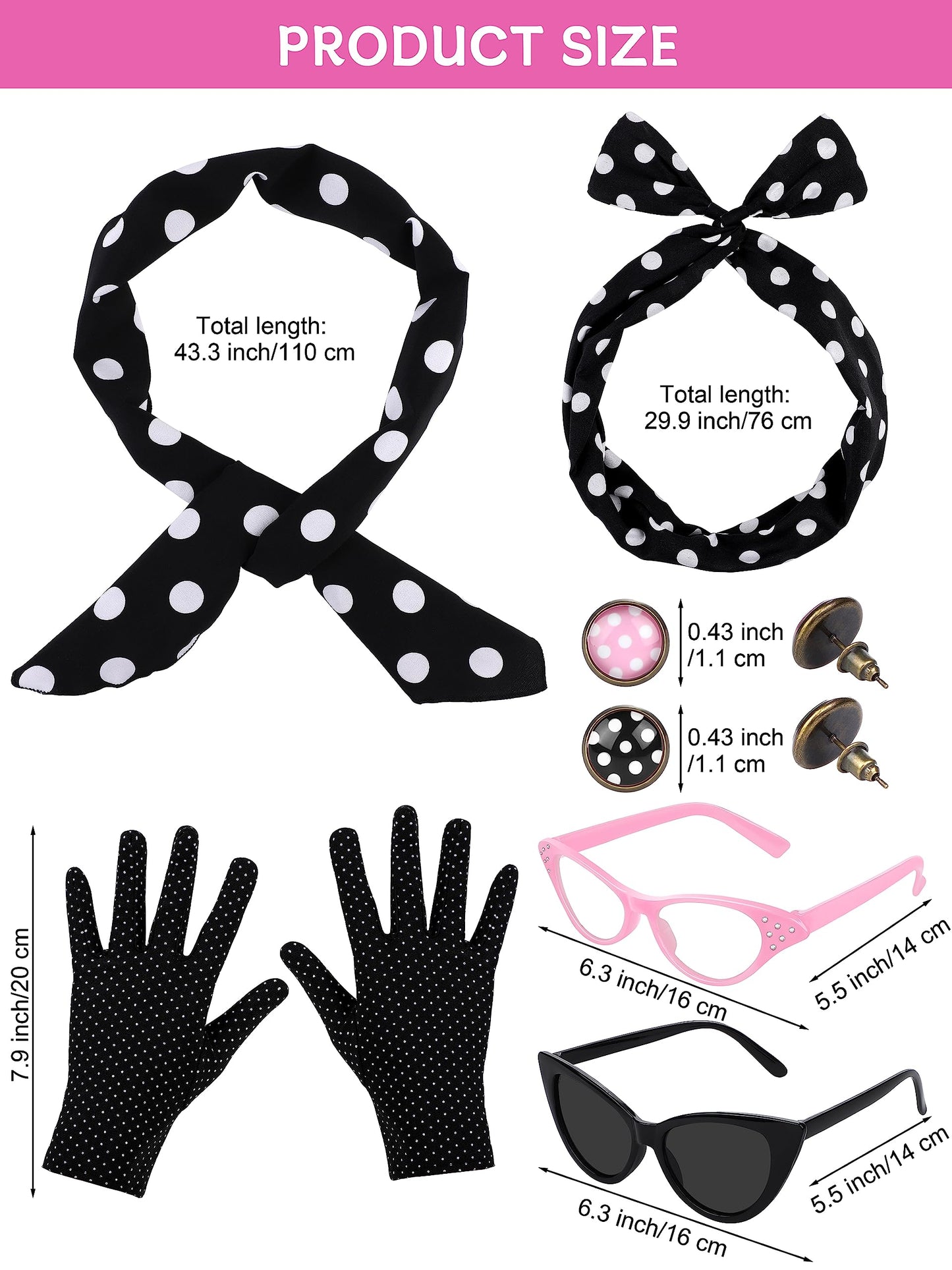 AOTHSO 1950s Pink Satin Jacket with Polka Dot Scarf Headband Earrings Glasses Halloween Cosplay Costume for Women, 8 Pieces