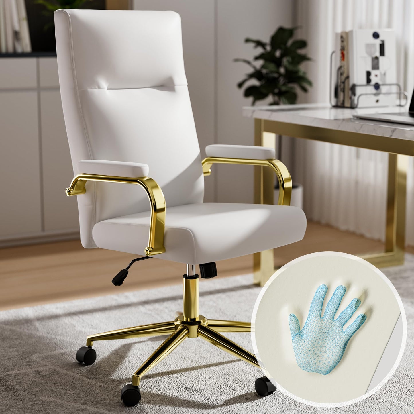MUZII White Office Chair with Arms, High Back Executive Office Chair Big and Tall, PU Leather Office Desk Chair with Back Support, 360° Swivel Computer Desk Chair for Conference Room