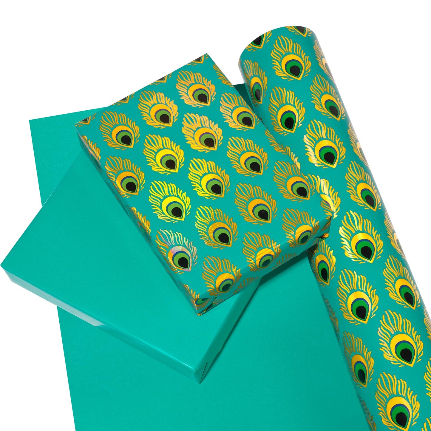 WRAPAHOLIC 30 Inch Jumbo Reversible Peacock Christmas Wrapping Paper - 30 Inch x 100 Feet Jumbo Roll Peacock Feather Wrapping Paper with Metallic Foil Shine for Christmas, Birthday, Holiday