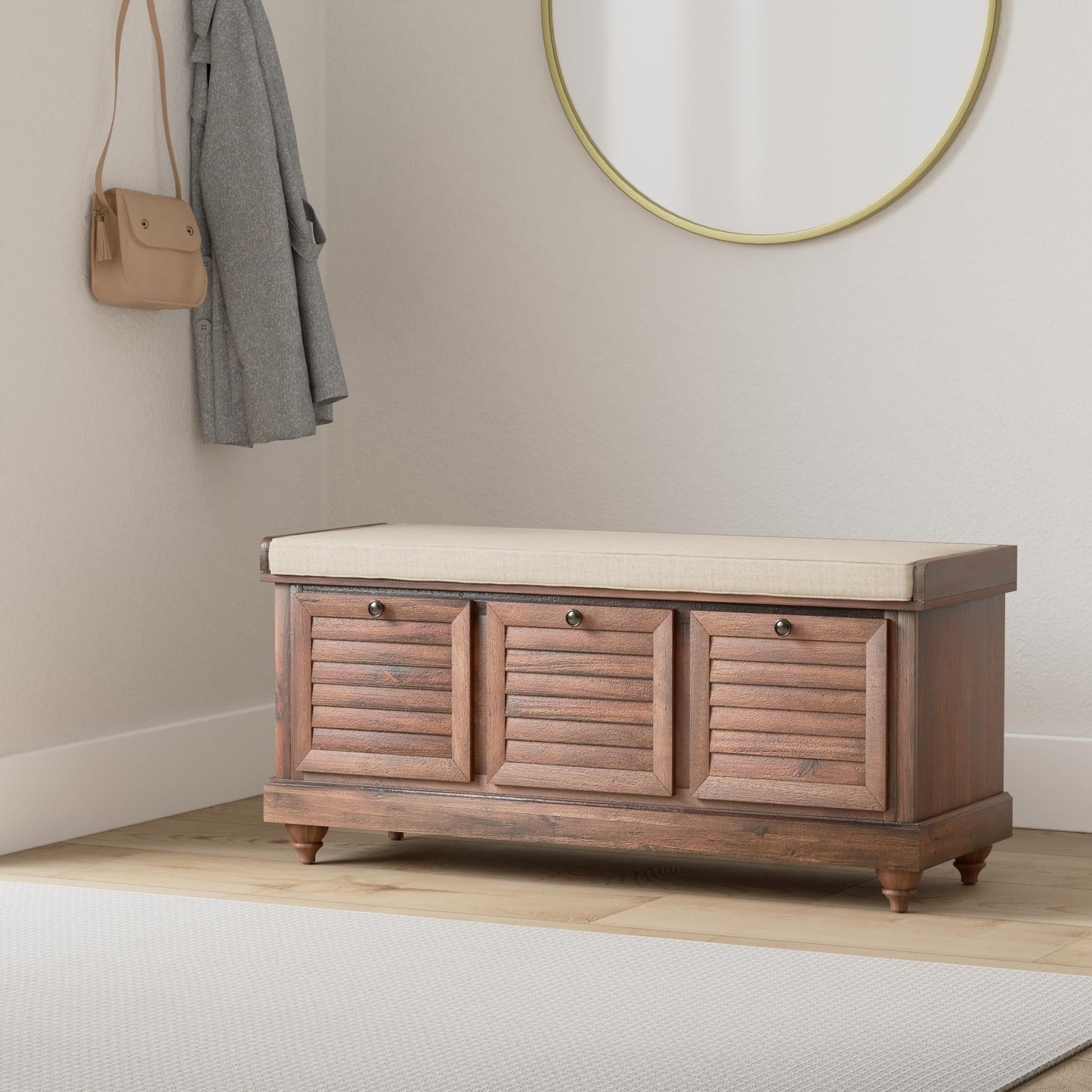 OSP Home Furnishings Dover Coastal Lift-Top Storage Bench with Shutter Face Styling, Distressed Brown Finish with Beige Linen Fabric Cushion