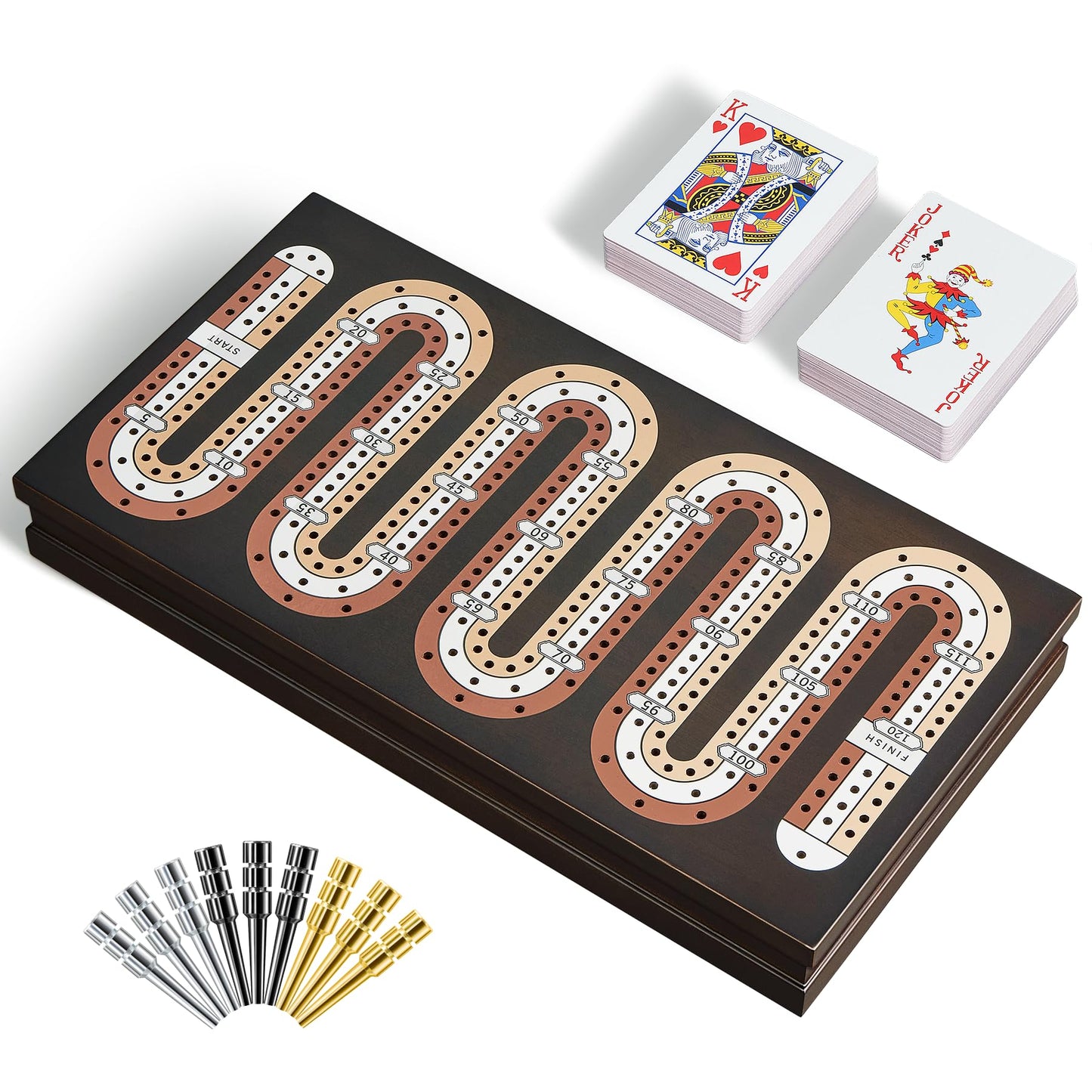 ELONGDI Wooden Cribbage Board Game Set with Magnetic Lock and Large Storage - 9 Metal Pegs & 2 Deck of Playing Cards,Continuous 3 Track Board Travel Portable Cribbage Game for Family