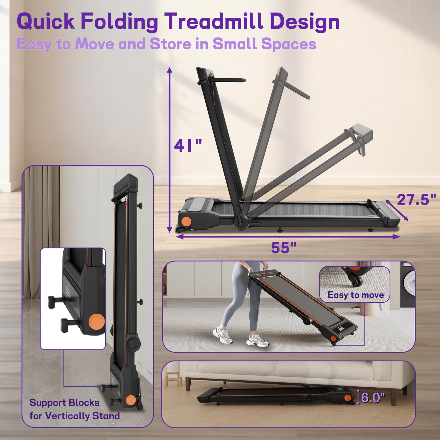 Walking Pad Treadmill for Home with Handle bar and Removable Desk, 4.0HP Foldable Under Desk Treadmill with Incline, 0.6–8 MPH, 330 lb Compact Treadmill for Small Spaces with Wristband Remote Control