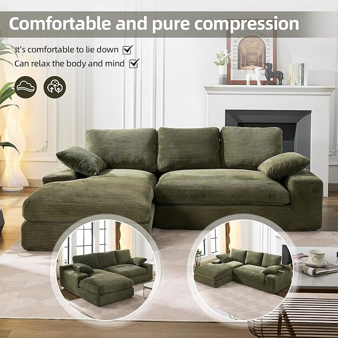 98.4" Green Sectional Sofa Cloud Modular Sectional Couch with Chaise,Corduroy Sectional Couches L-Shaped Modern Upholstered Sofa with Deep Seat for Living Room and Bedroom,No Assembly Required(Green)