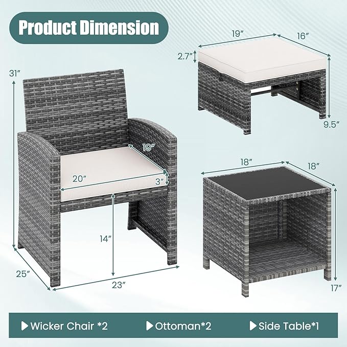 Tangkula 5 Pieces Patio Conversation Furniture Set, PE Wicker Outdoor Cushioned Chairs with 2 Ottomans, and Storage Coffee Table, for Porch, Garden and Balcony