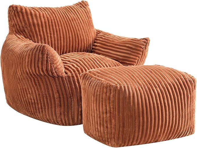 JULY'S SONG Bean Bag Chair with Ottoman for Adults, Fluffy Orange Lazy Couch Sofa Chair with Armrests for Living Room, Bedroom & Dorm