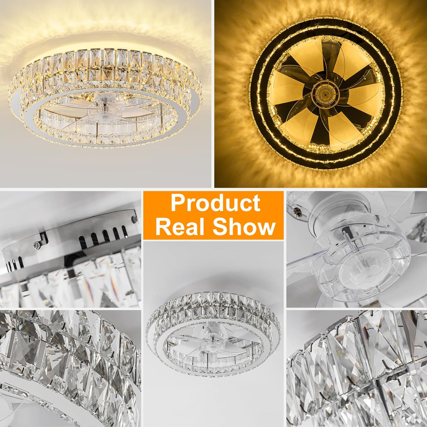 Zswanbei Fandelier Ceiling Fan with Lights and Remote Control Dimmable Crystal Ceiling Fan LED 3 Color 6 Speeds Chandelier Fan Bedroom Kitchen Living Room
