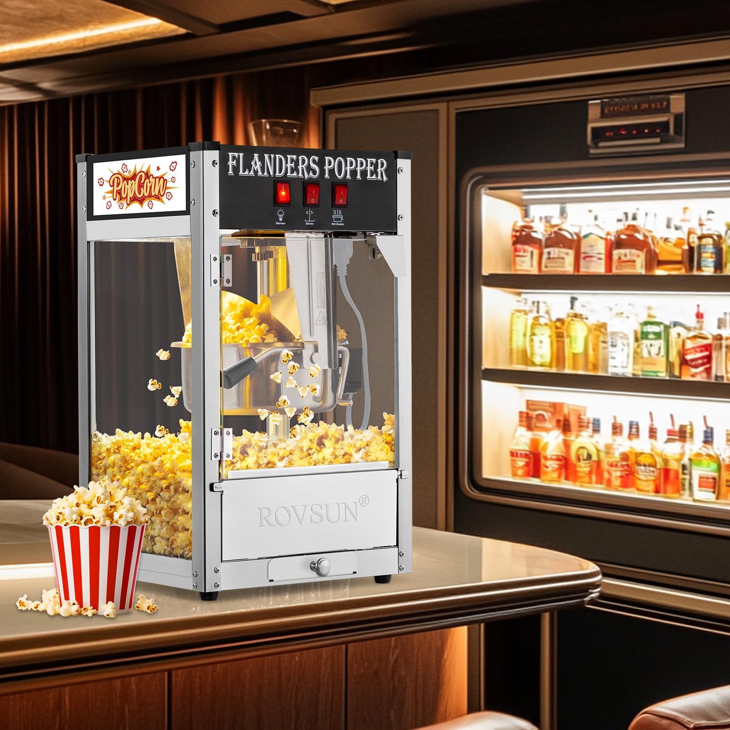 ROVSUN Popcorn Machine with 8 Ounce Kettle Makes Up to 32 Cups, Commercial Popcorn Machine Countertop Popcorn Maker w/Stainless Steel Scoop, Oil Spoon & 3 Popcorn Cups for Home Movie Theater, ETL