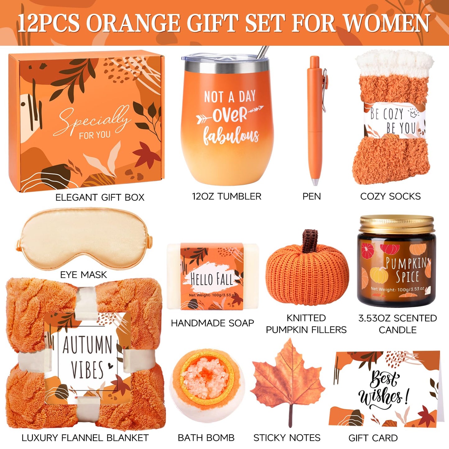 Fall Gifts Basket for Women, Get Well Soon Gifts Baskets for Mom Friend Sister Wife Grandma, Orange Relaxing Spa Gift Set for Birthday, Halloween, Thank You, Graduation, Retirement