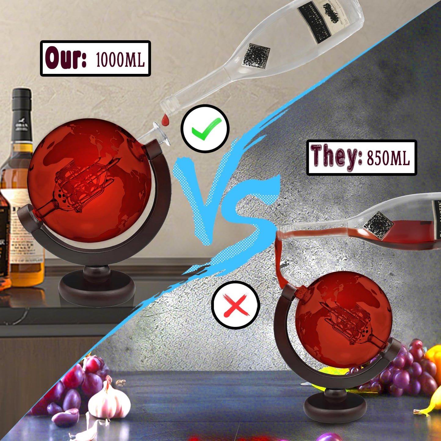FWTBOOM Whiskey Globe Decanter Set, with 2 Etched Whiskey Glasses, 4 Ice Cubes, Tong & Funnel, Decanter for Liquor, Bourbon, Scotch, Whisky Gifts for Men Husband Boyfriend Dad, 1000ML