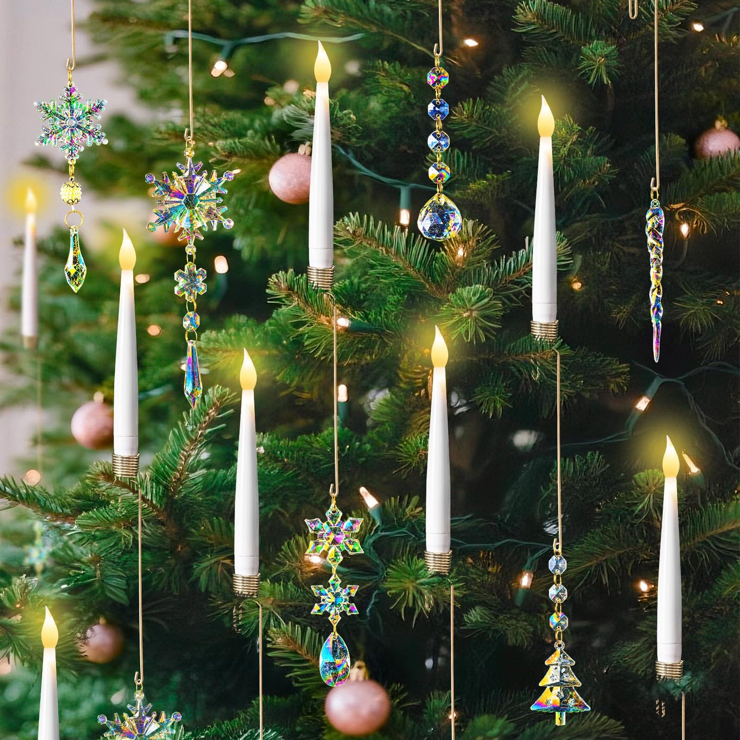 Lanpn Christmas Tree LED Candles 12 Pack, Flameless Taper Candle Battery Operated, Hanging Candles with Remote & Assorted Xmas C