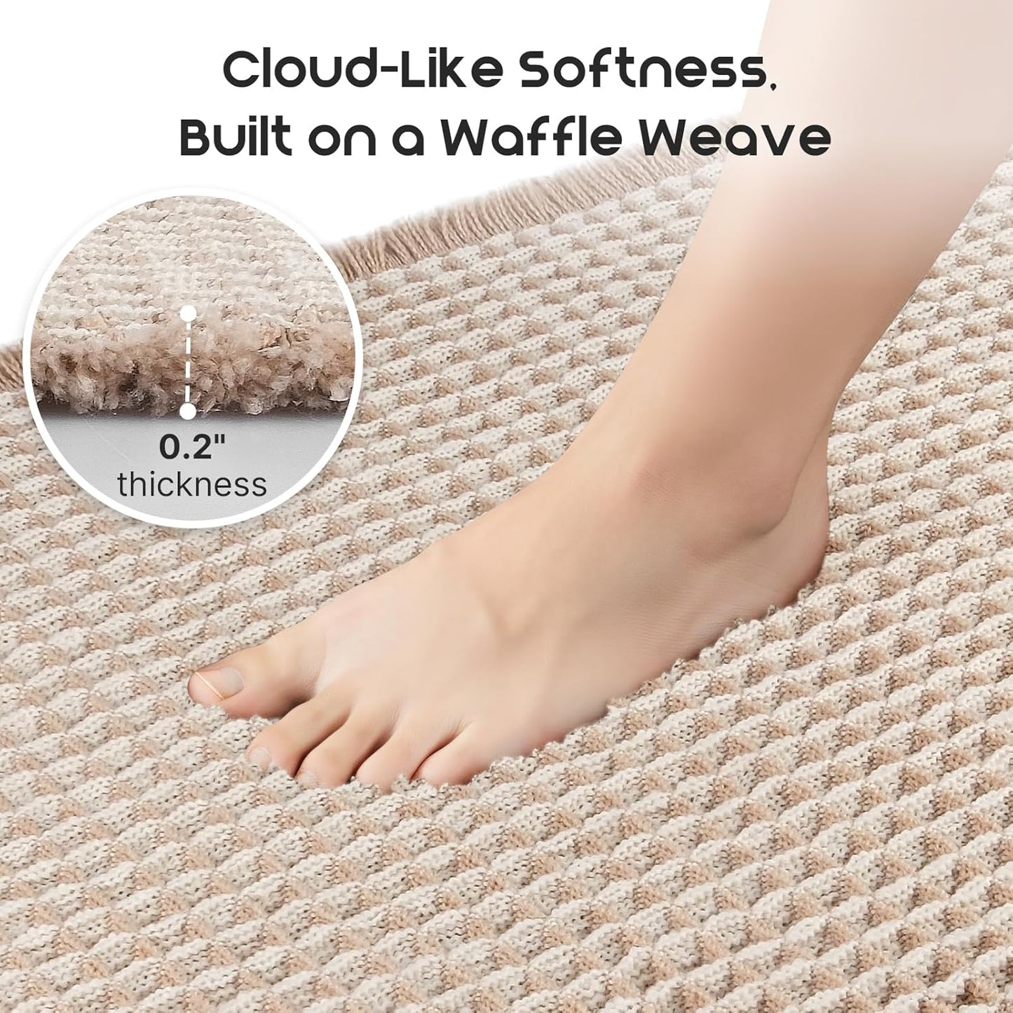 ArtyCozy Waffle Bath Mat, Super Absorbent Soft Non-Slip Boho Bath Rugs with Flat-Woven Hot Glue Backing for Bathroom, Machine Washable Bath Mats, 20" × 32", Brown & White