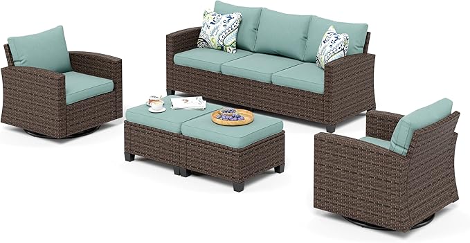 SUNSHINE VALLEY Swivel Glider Patio Furniture Set Outdoor Furniture Brown Wicker Rattan Patio Conversation Sets with Cushion Outside Sofa Set,5 Pieces 7 Seats,Blue